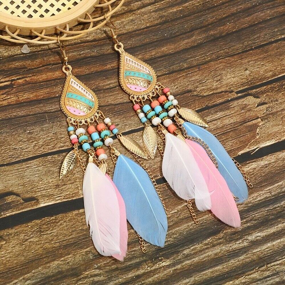 Feather Boho Rice Bead Stud Long‎ Waterdrop Tassel Earrings Hook Boho Ethic Drop